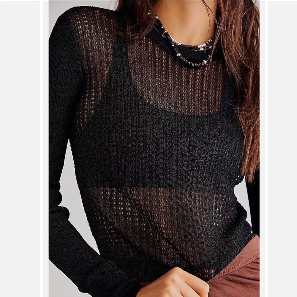 Free People Black Sheer Crew Neck Sweater